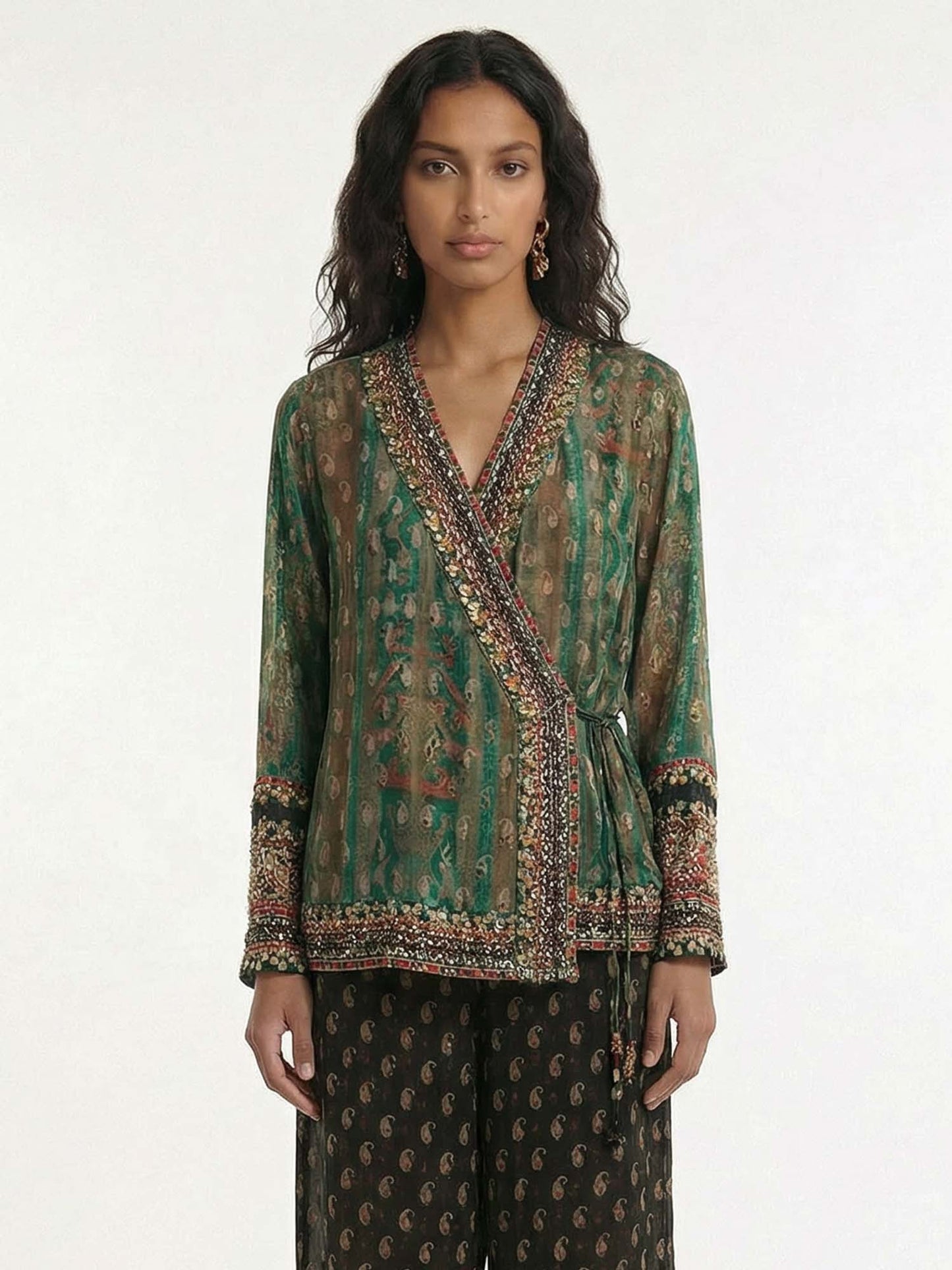 Vintage Green Paisley Print Tie-Waist Shirt