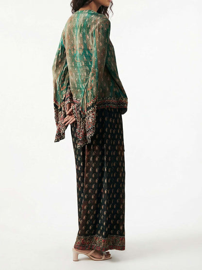 Vintage Green Paisley Print Tie-Waist Shirt