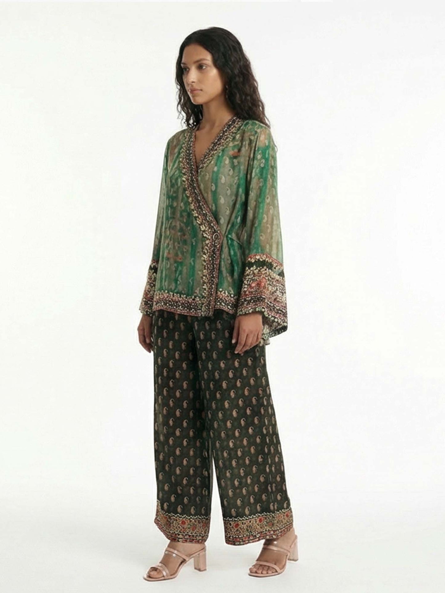 Vintage Green Paisley Print Veil Pants