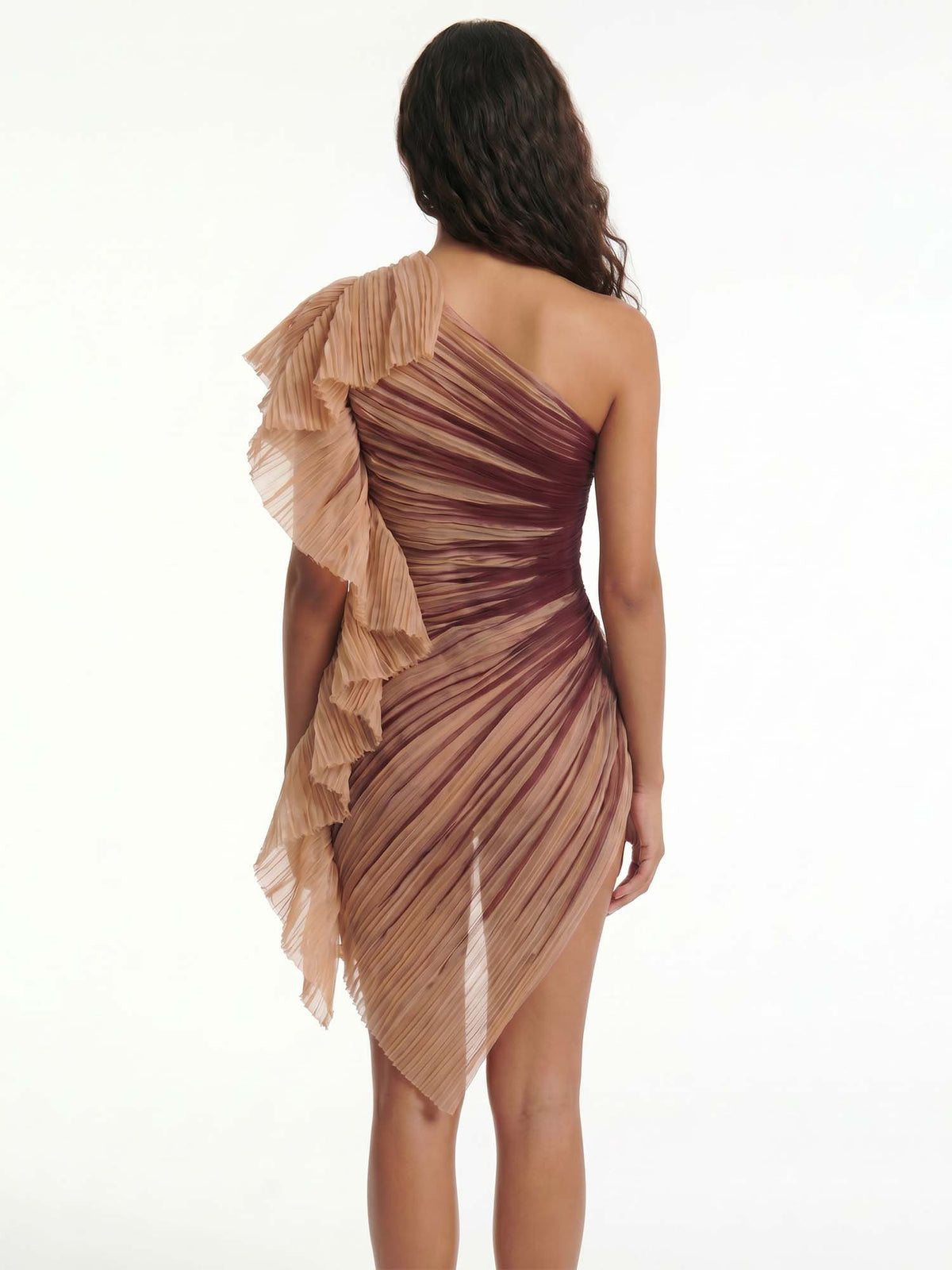 Ombre One-Shoulder Pleated Mini Dress