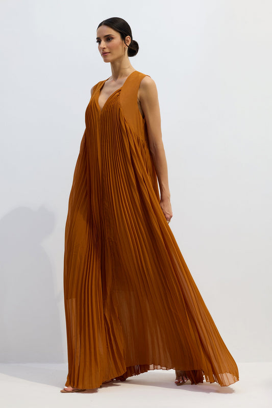 Minerva V-Neck Pleated Maxi Dress