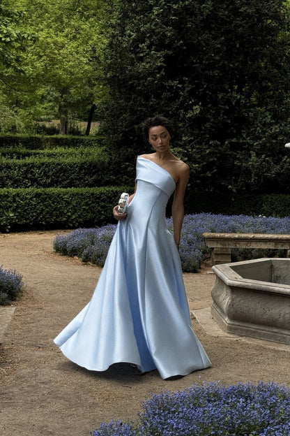 Elegant One-Shoulder Foldover Satin A-Line Maxi Dress