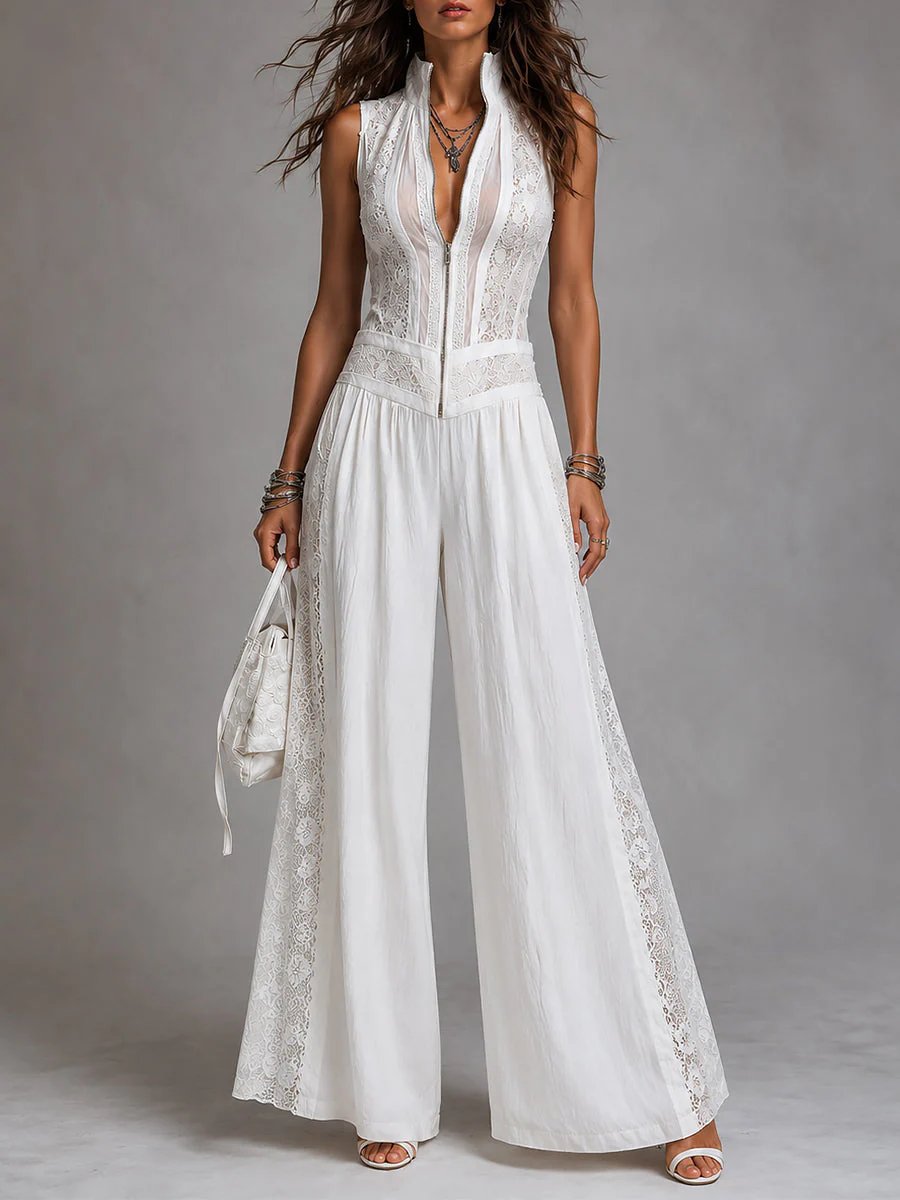 Lace Panel Wide Leg White Jumpsuit