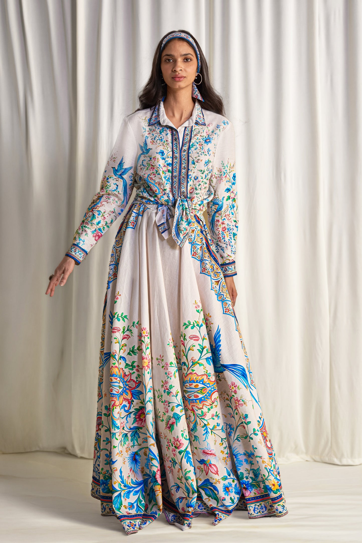 Exquisite Botanical Print Shirt & Flared Maxi Skirt Two-Piece Set