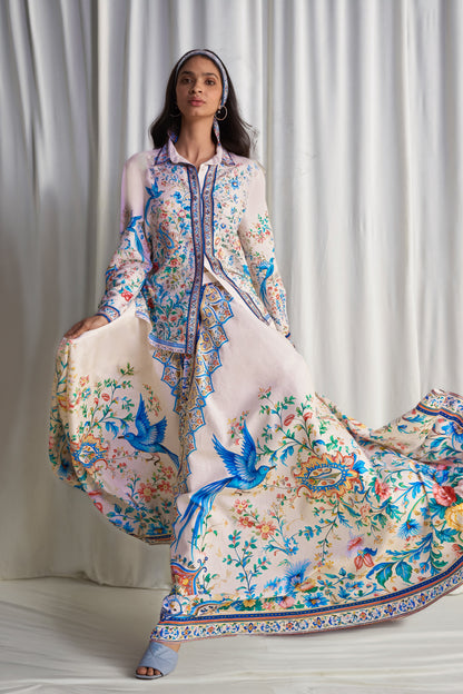 Exquisite Botanical Print Shirt & Flared Maxi Skirt Two-Piece Set