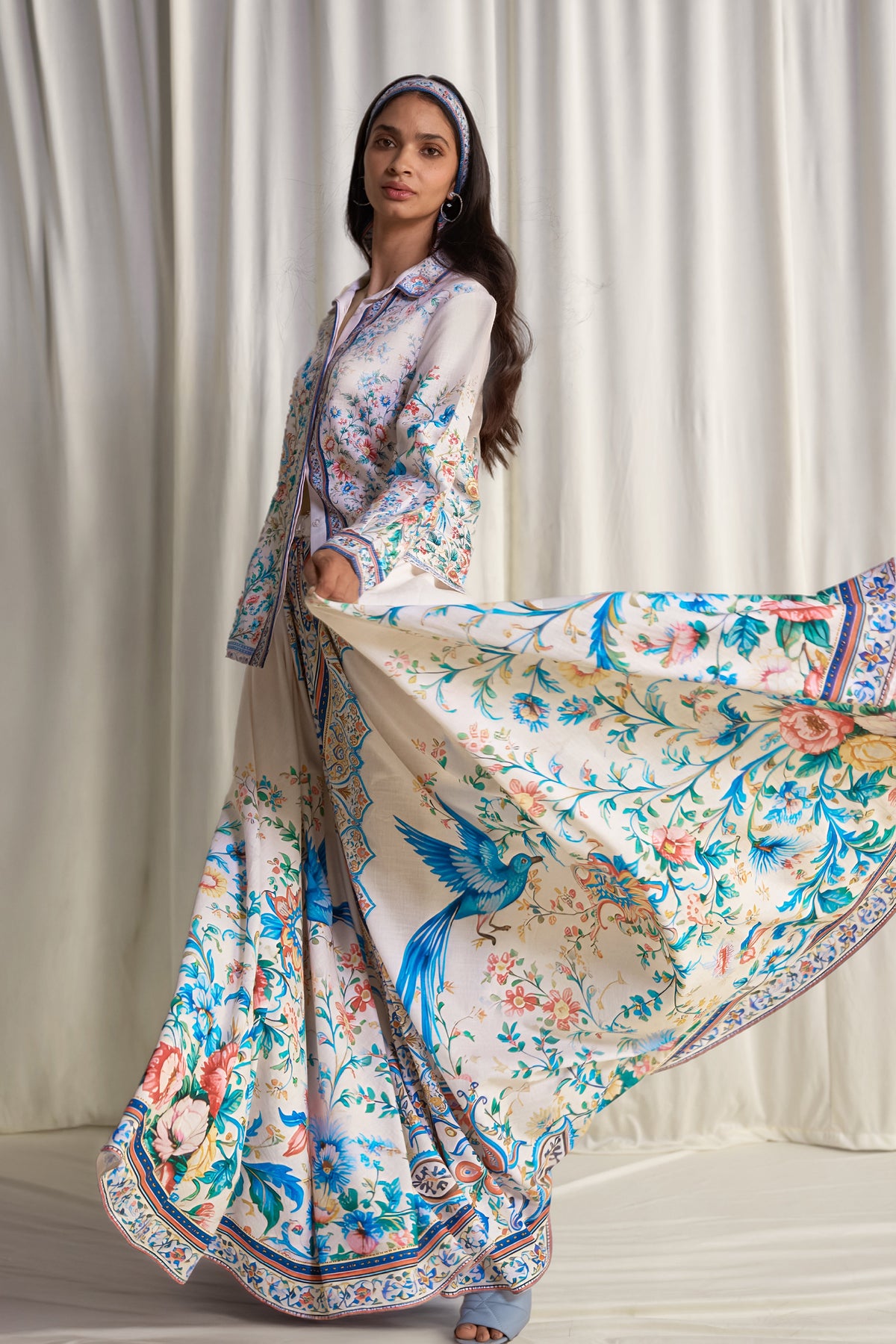 Exquisite Botanical Print Shirt & Flared Maxi Skirt Two-Piece Set