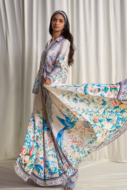 Exquisite Botanical Print Shirt & Flared Maxi Skirt Two-Piece Set