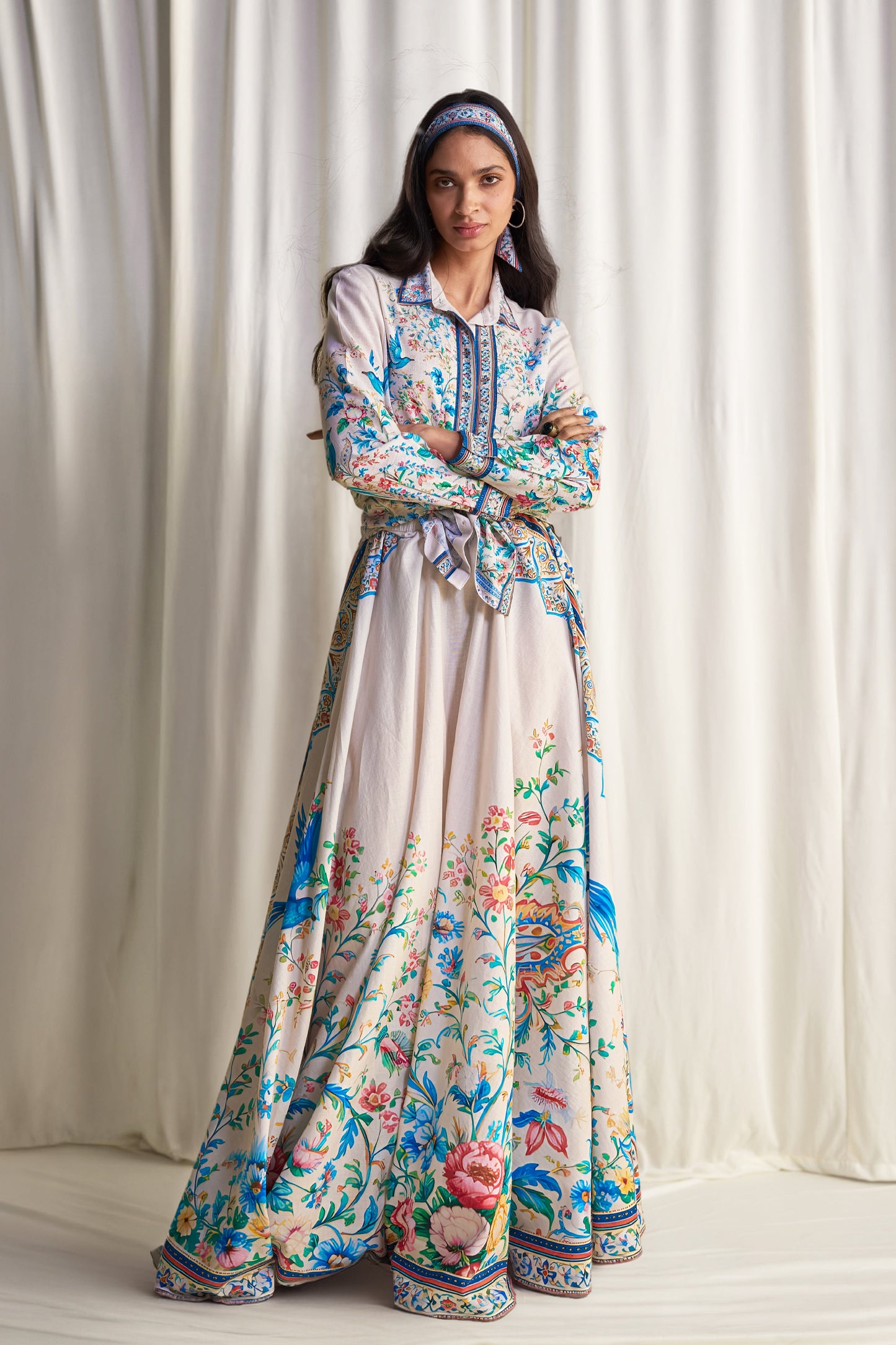 Exquisite Botanical Print Shirt & Flared Maxi Skirt Two-Piece Set