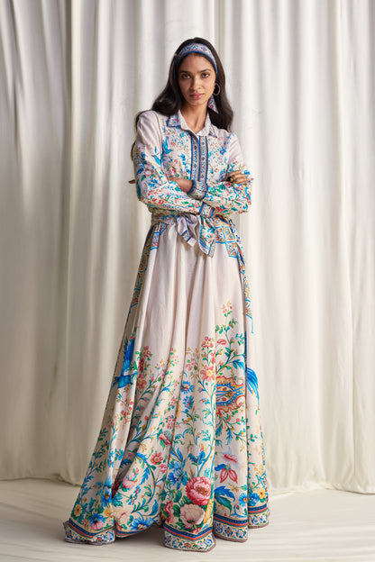 Exquisite Botanical Print Shirt & Flared Maxi Skirt Two-Piece Set