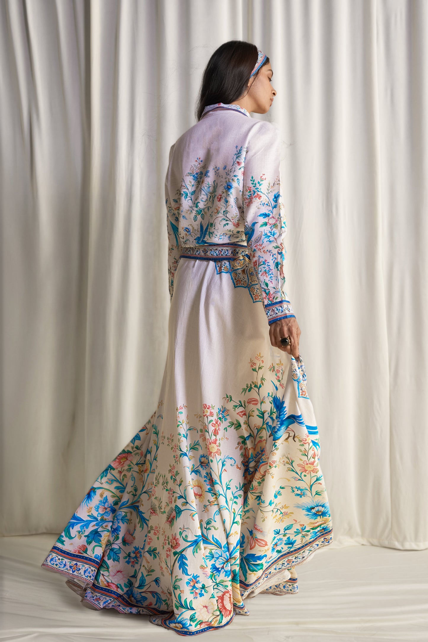 Exquisite Botanical Print Shirt & Flared Maxi Skirt Two-Piece Set
