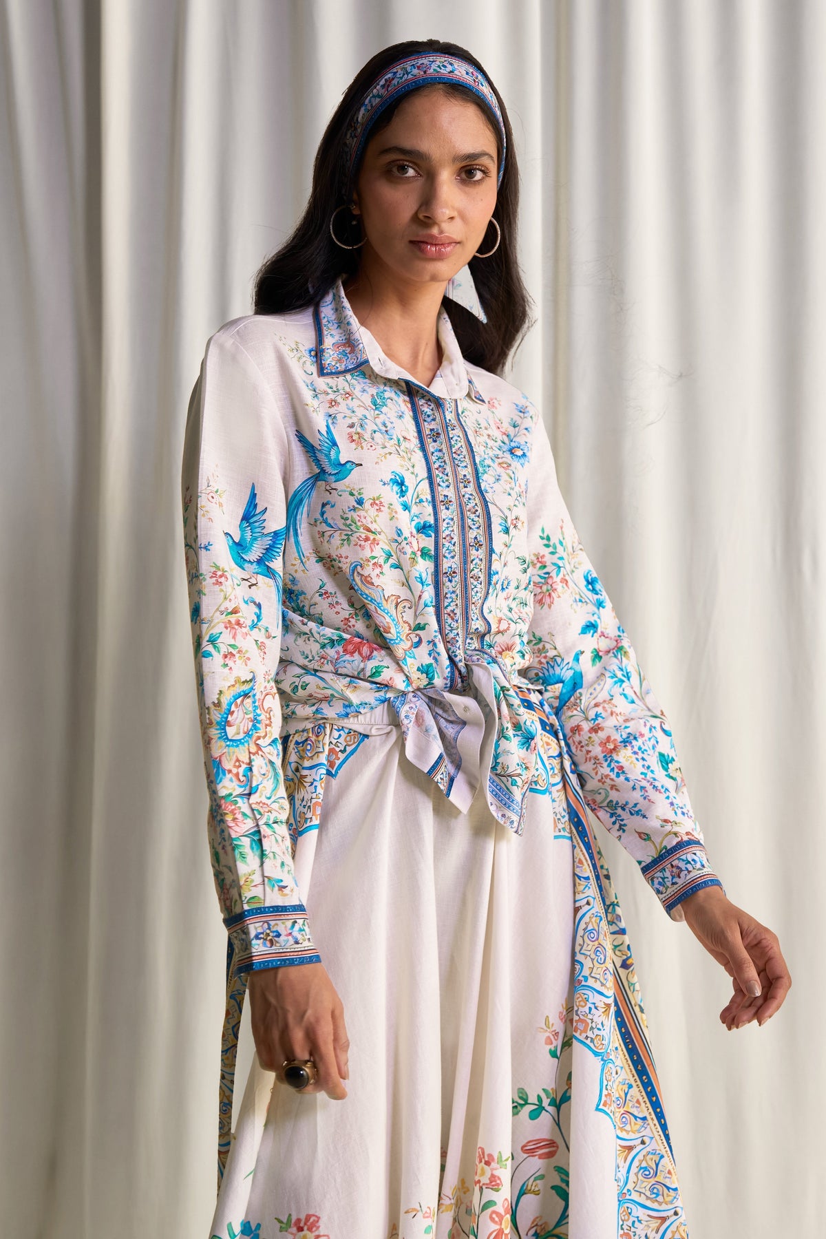 Exquisite Botanical Print Shirt & Flared Maxi Skirt Two-Piece Set