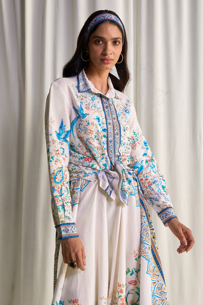 Exquisite Botanical Print Shirt & Flared Maxi Skirt Two-Piece Set