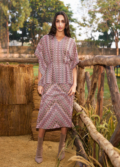 V‑Neck Batwing Top & Printed Midi Skirt Two‑Piece Set
