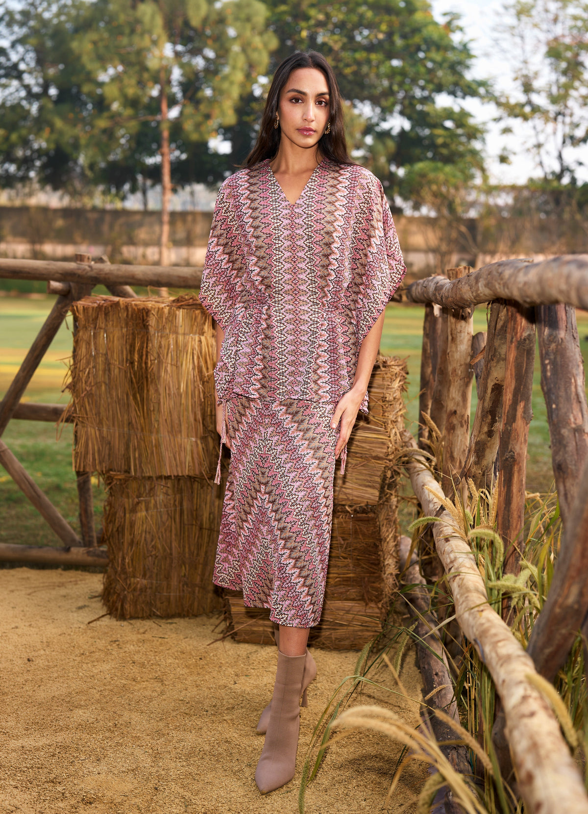 V‑Neck Batwing Top & Printed Midi Skirt Two‑Piece Set