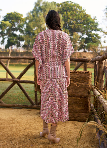 V‑Neck Batwing Top & Printed Midi Skirt Two‑Piece Set