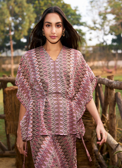 V‑Neck Batwing Top & Printed Midi Skirt Two‑Piece Set