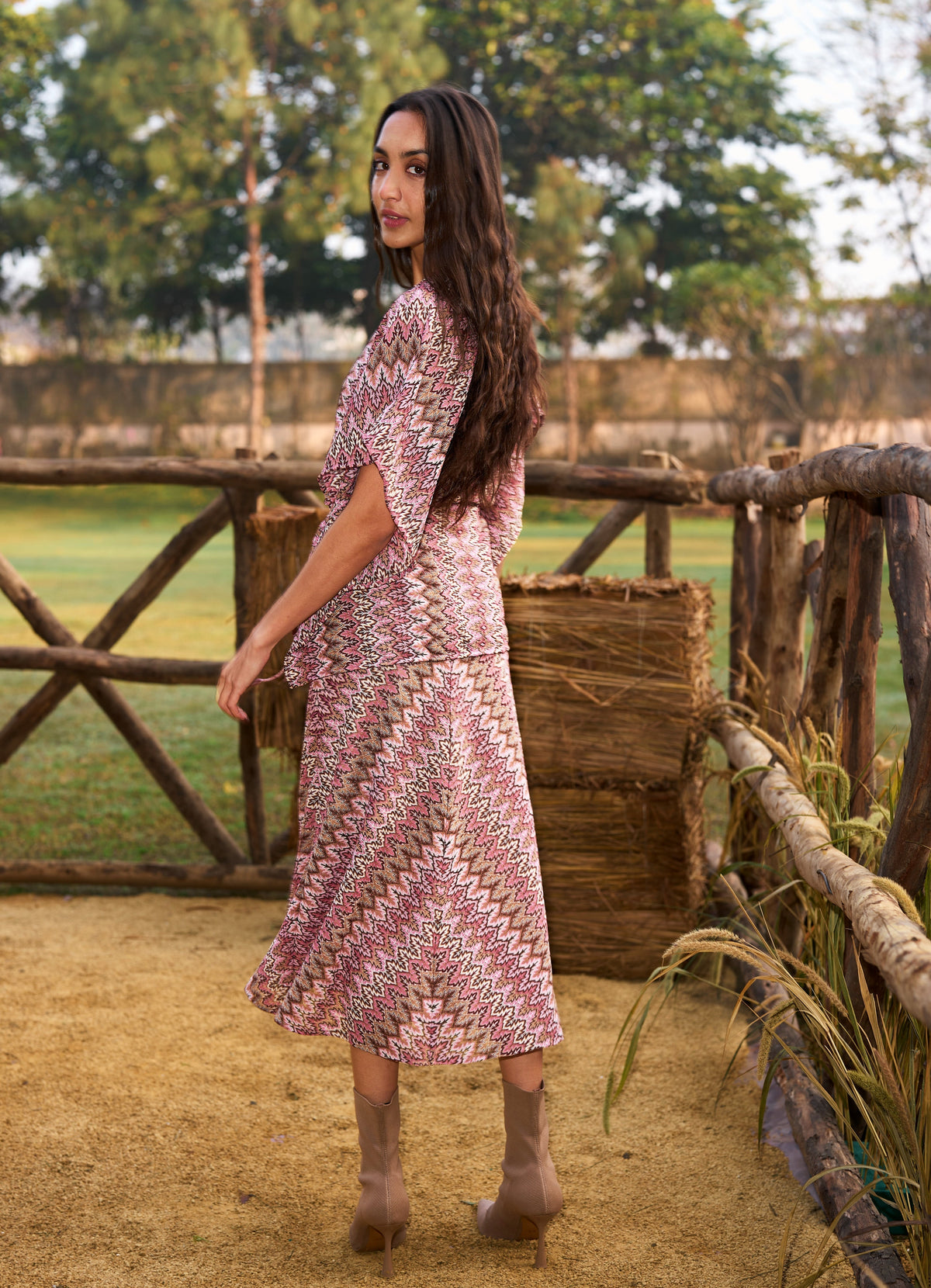 V‑Neck Batwing Top & Printed Midi Skirt Two‑Piece Set