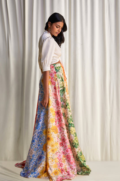 Front-Tie Satin Crop Top & Floral Print Maxi Skirt Two-Piece Set