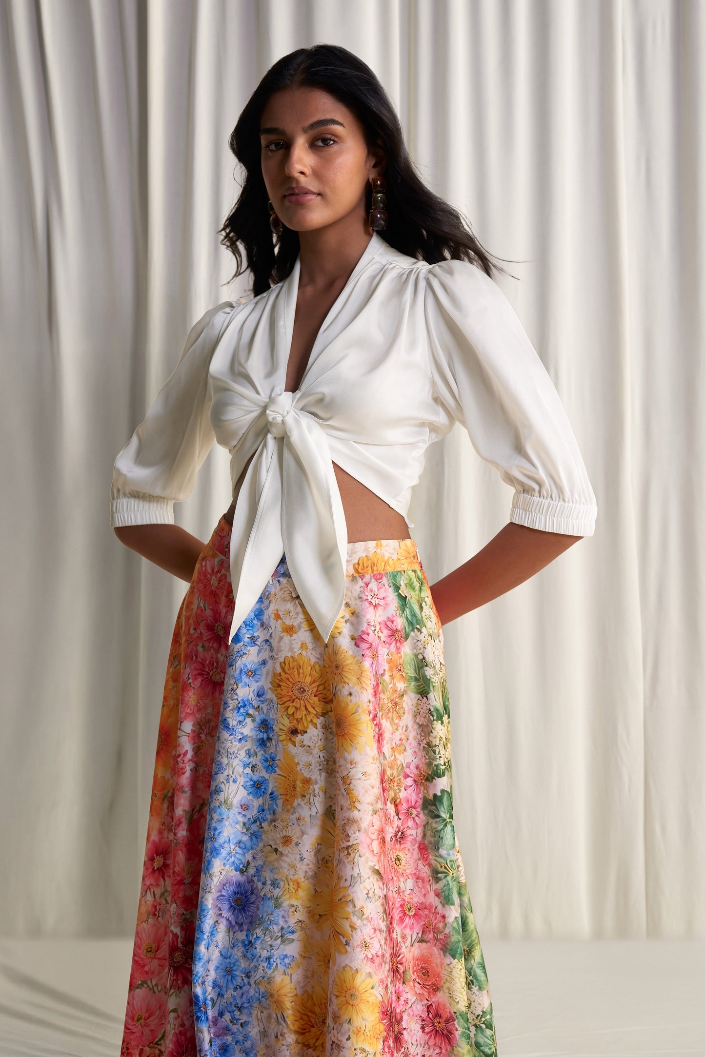 Front-Tie Satin Crop Top & Floral Print Maxi Skirt Two-Piece Set