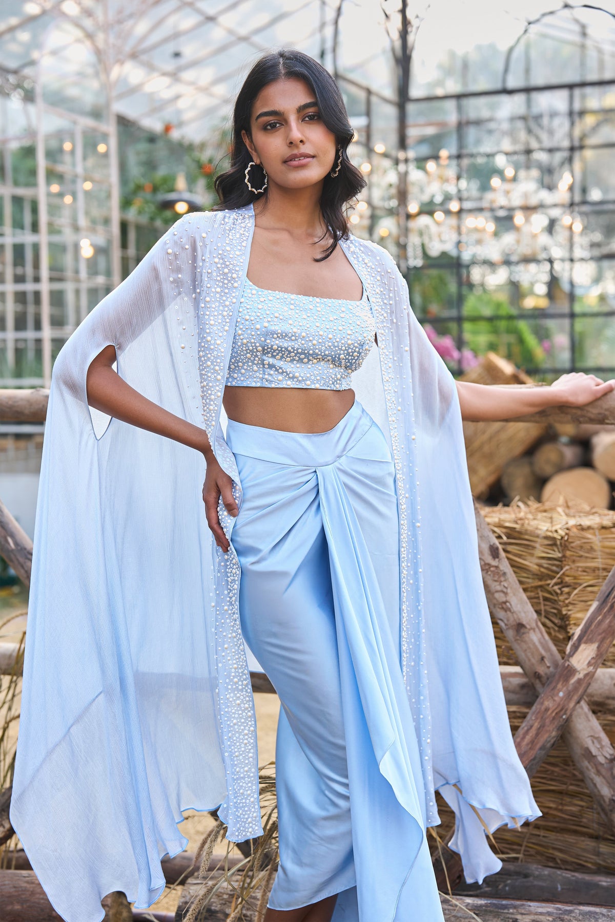 Beaded Crop Top Cape & Draped Satin Skirt Three‑Piece Set
