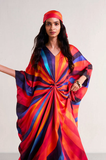 Elegant Waist‑Knot Rainbow Stripe Kaftan Maxi Dress