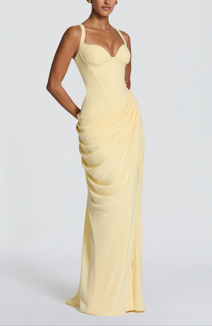 Ruched Spaghetti Strap Slit Maxi Dress