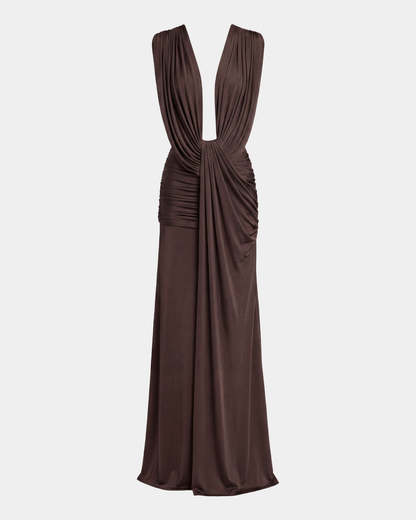 Elegant Deep V-Neck Twist Draped Sleeveless Maxi Dress