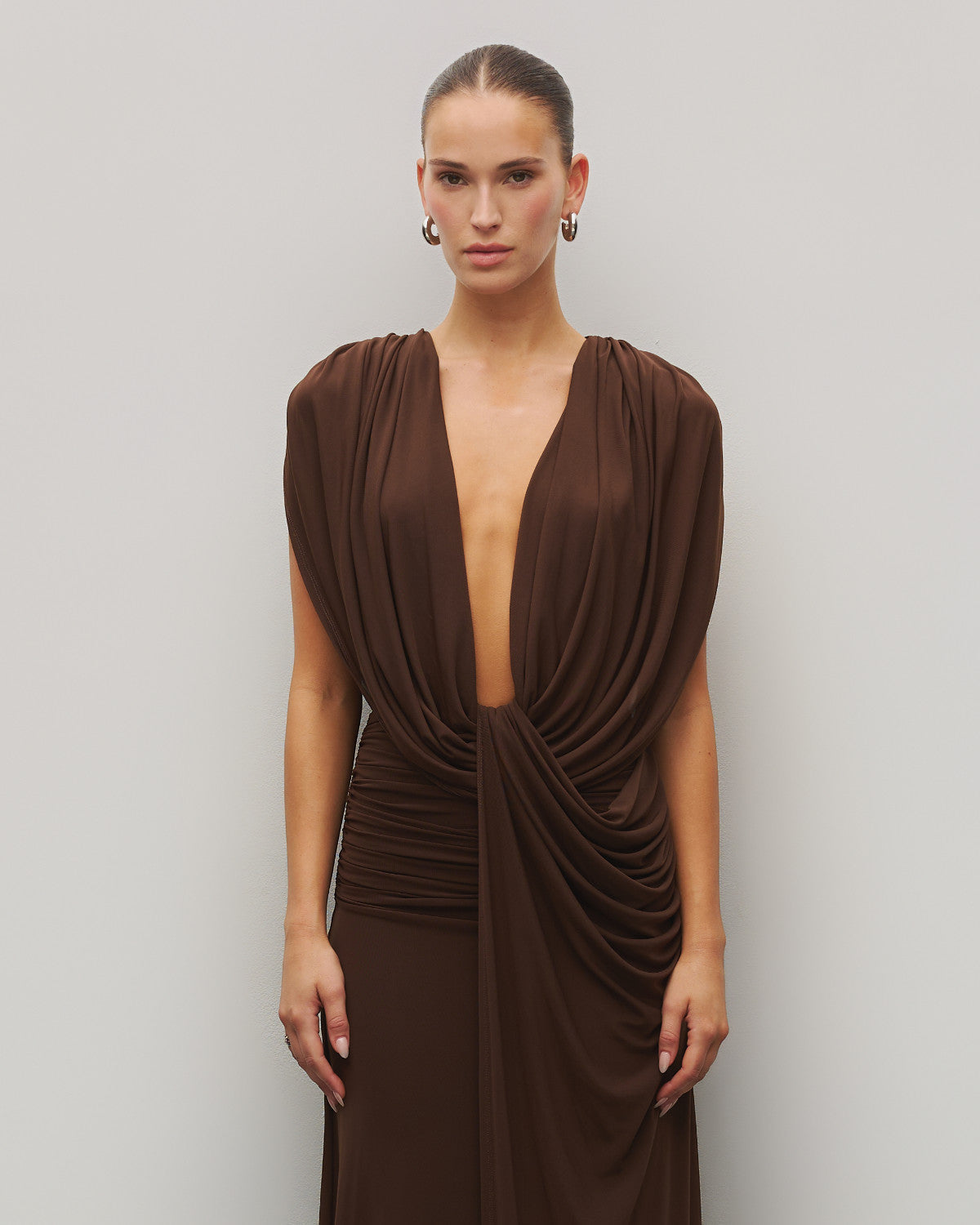 Elegant Deep V-Neck Twist Draped Sleeveless Maxi Dress