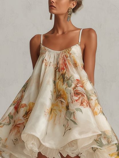 Exquisite Floral Print Organza Lace-Trim Mini Dress