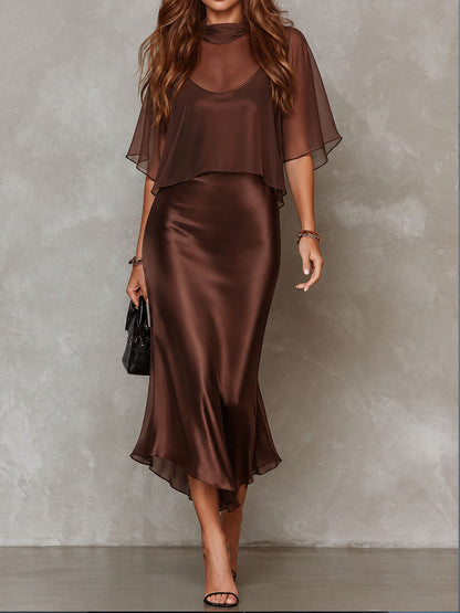 Elegant Chiffon Blouse And Satin Midi Dress Two-piece Set