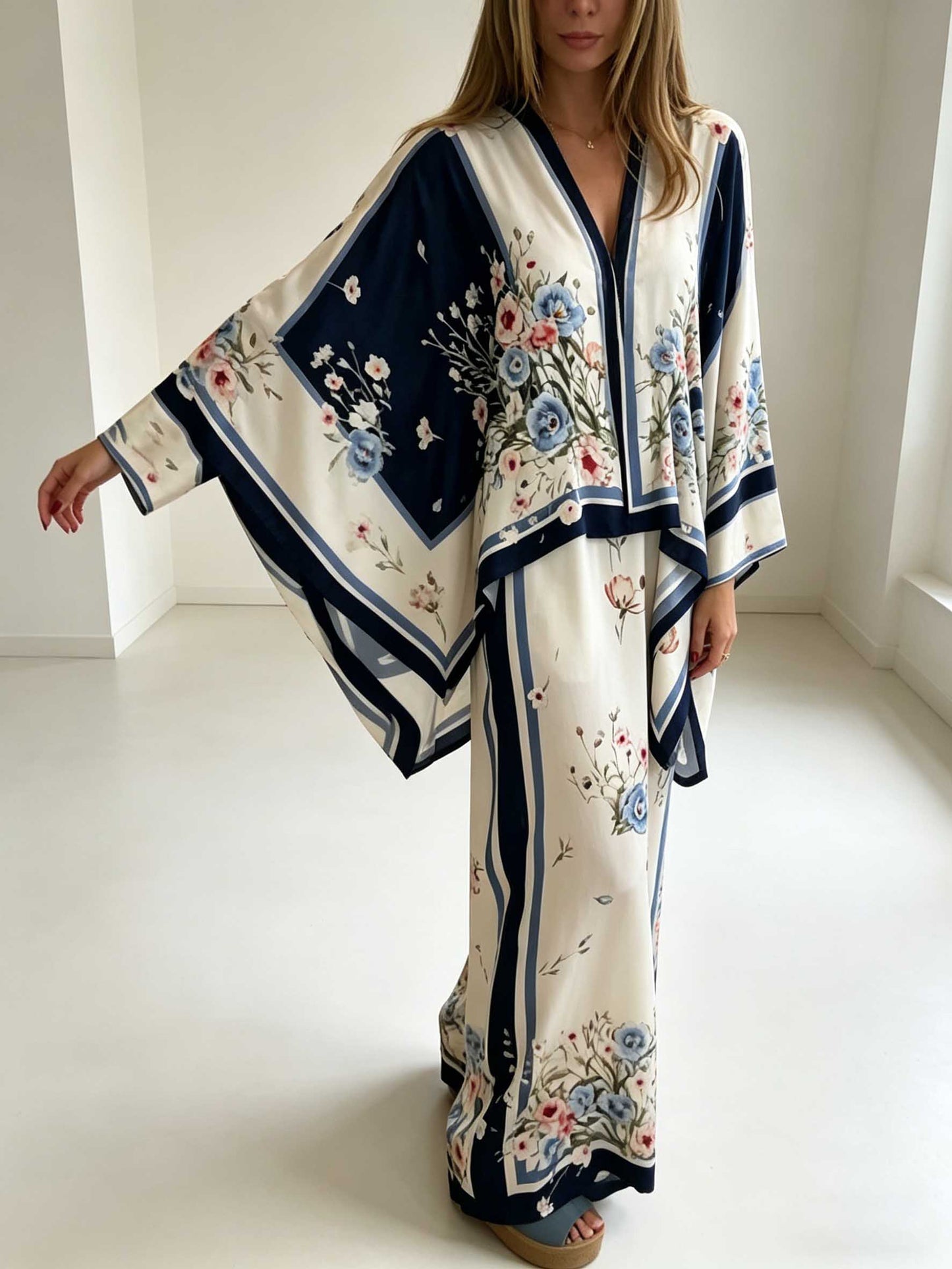 Exquisite Satin Print Batwing Sleeve Wide-Leg Pants Two-Piece Set