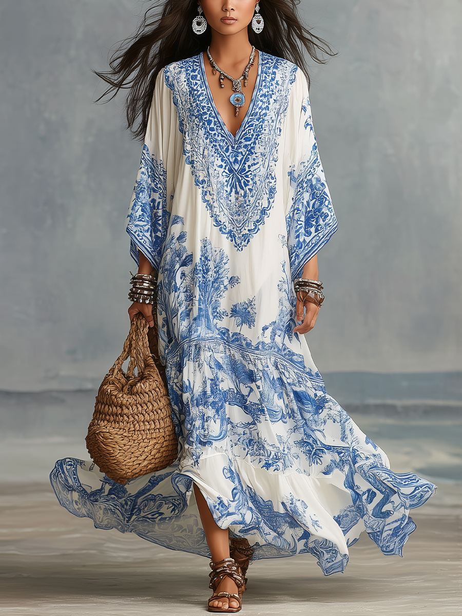 Refined Porcelain Print V-Neck Kaftan Maxi Dress