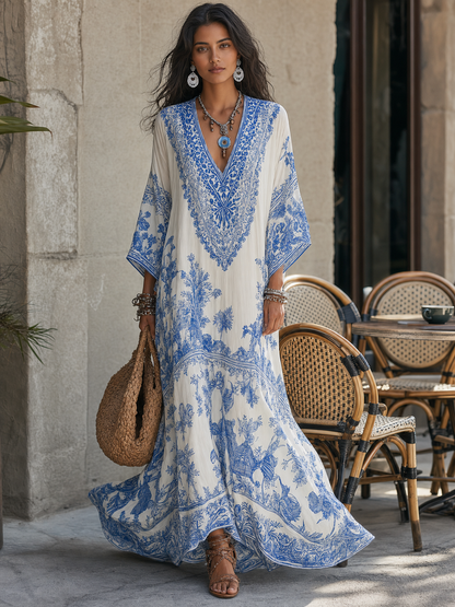 Refined Porcelain Print V-Neck Kaftan Maxi Dress