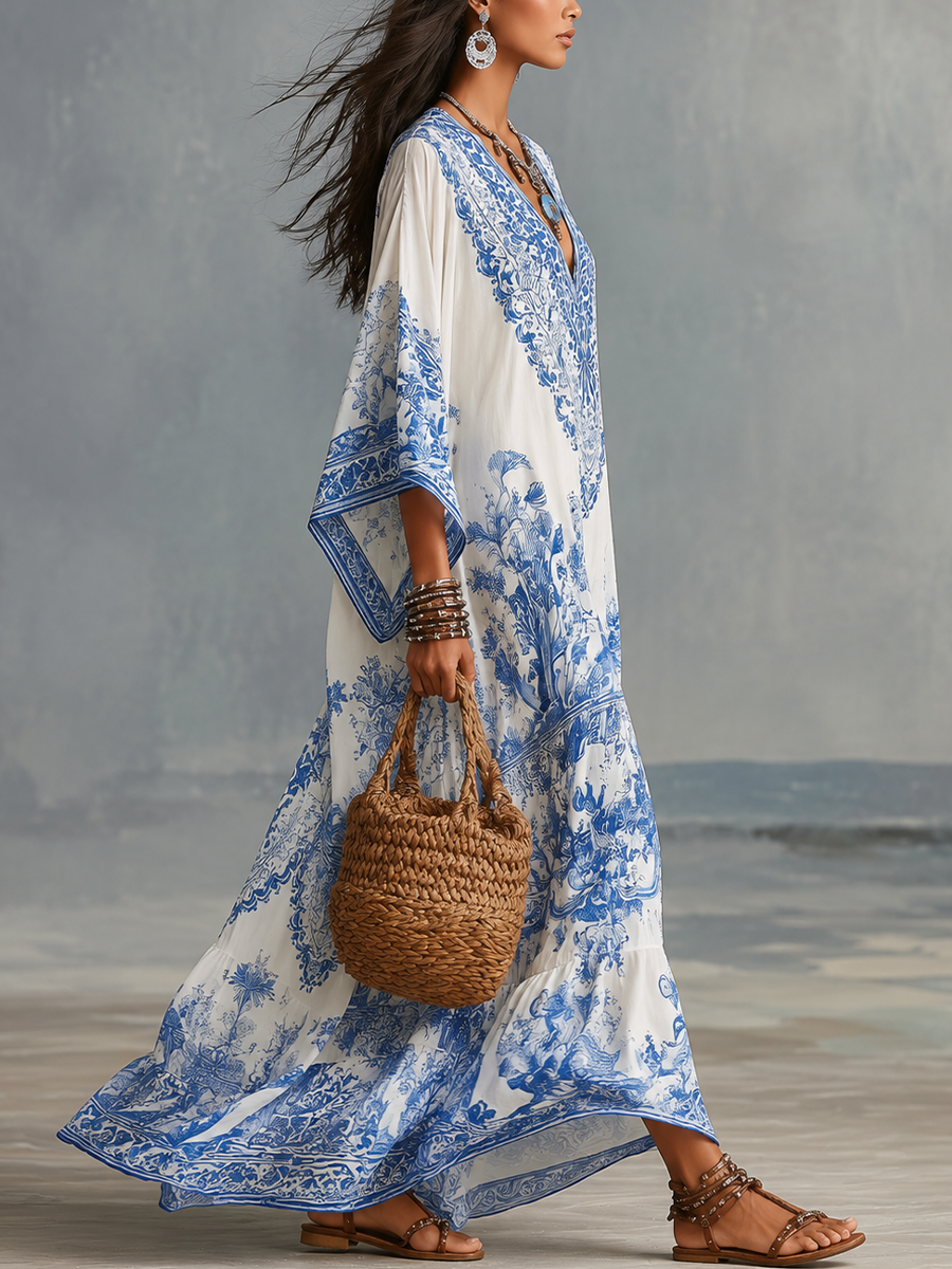 Refined Porcelain Print V-Neck Kaftan Maxi Dress
