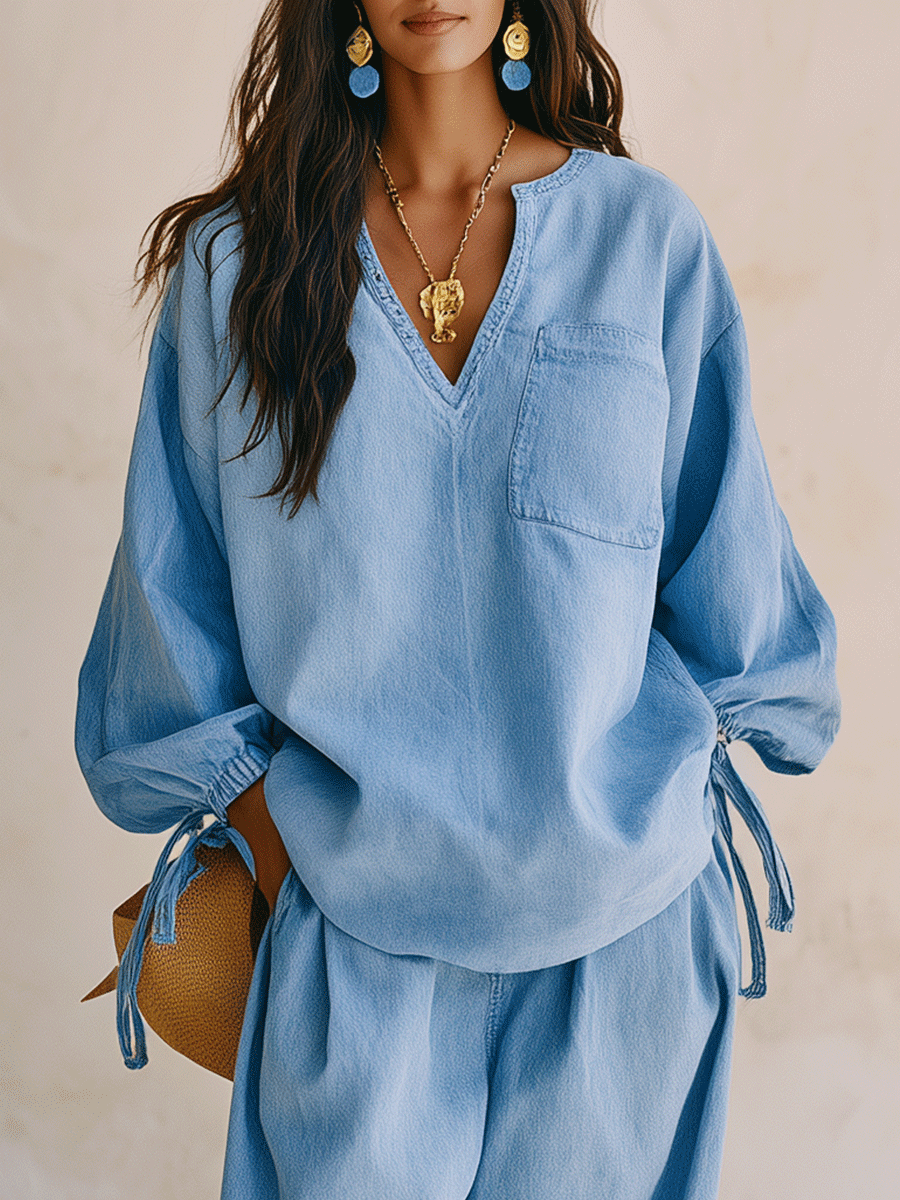 Casual V-Neck Tie-Sleeve Top & Wide-Leg Pants Two-Piece Set