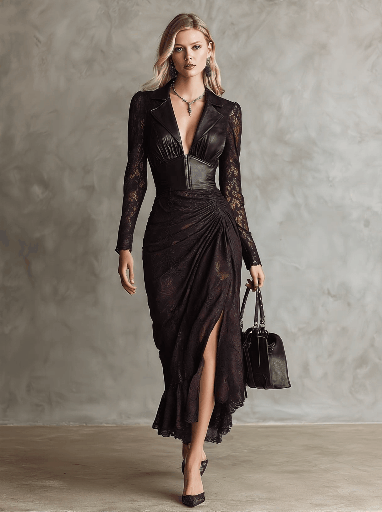 Retro Faux Leather Patchwork Lace Long Sleeve Maxi Dress