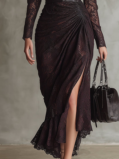 Retro Faux Leather Patchwork Lace Long Sleeve Maxi Dress