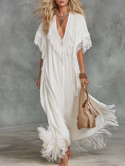 Casual V-Neck Fringe Flowing Maxi Dress