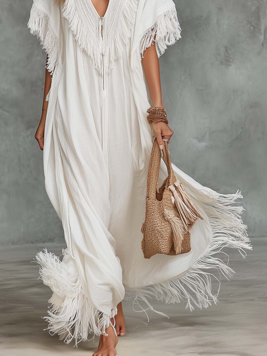 Casual V-Neck Fringe Flowing Maxi Dress
