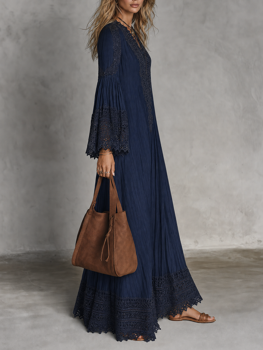 Casual Lace-Trim Flared Sleeve Maxi Dress