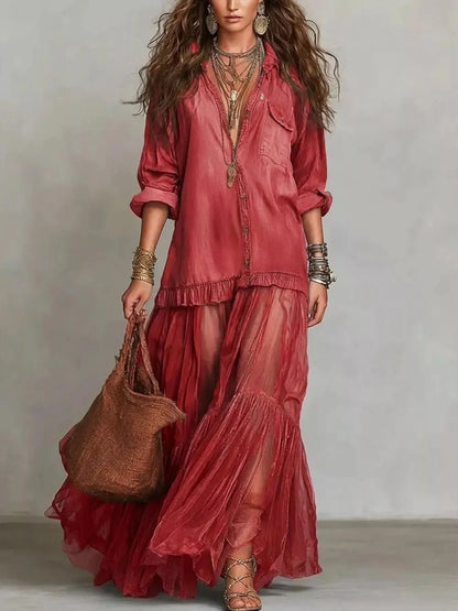 Classic Denim Ruffle Romantic Maxi Dress