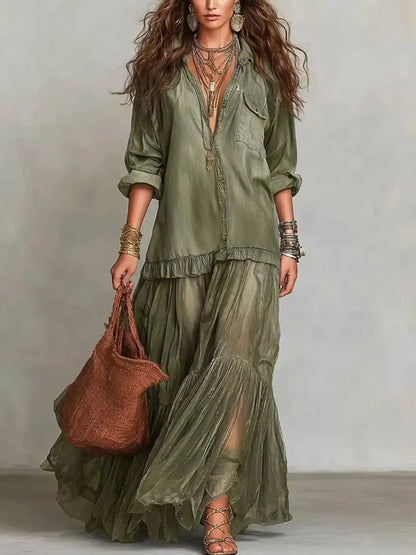 Classic Denim Ruffle Romantic Maxi Dress