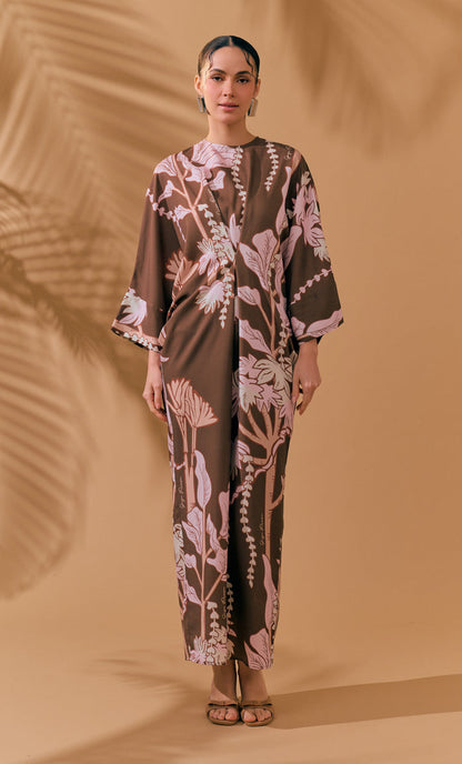Elegant Printed Batwing Sleeve Satin Maxi Dress