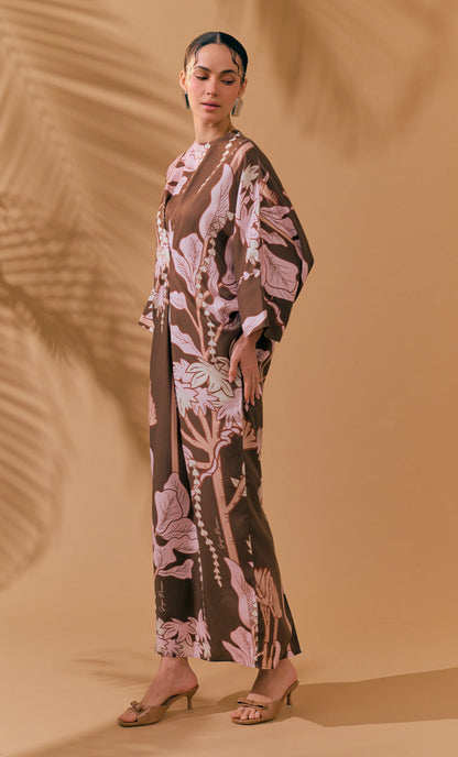 Elegant Printed Batwing Sleeve Satin Maxi Dress