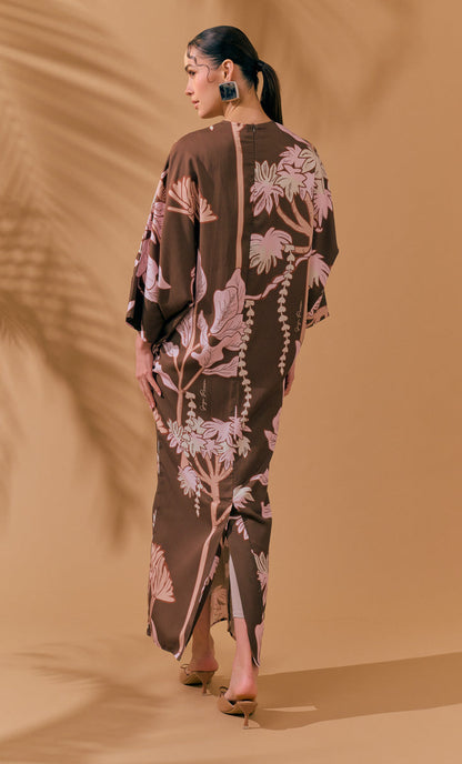 Elegant Printed Batwing Sleeve Satin Maxi Dress