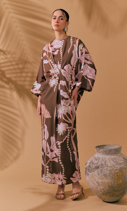 Elegant Printed Batwing Sleeve Satin Maxi Dress