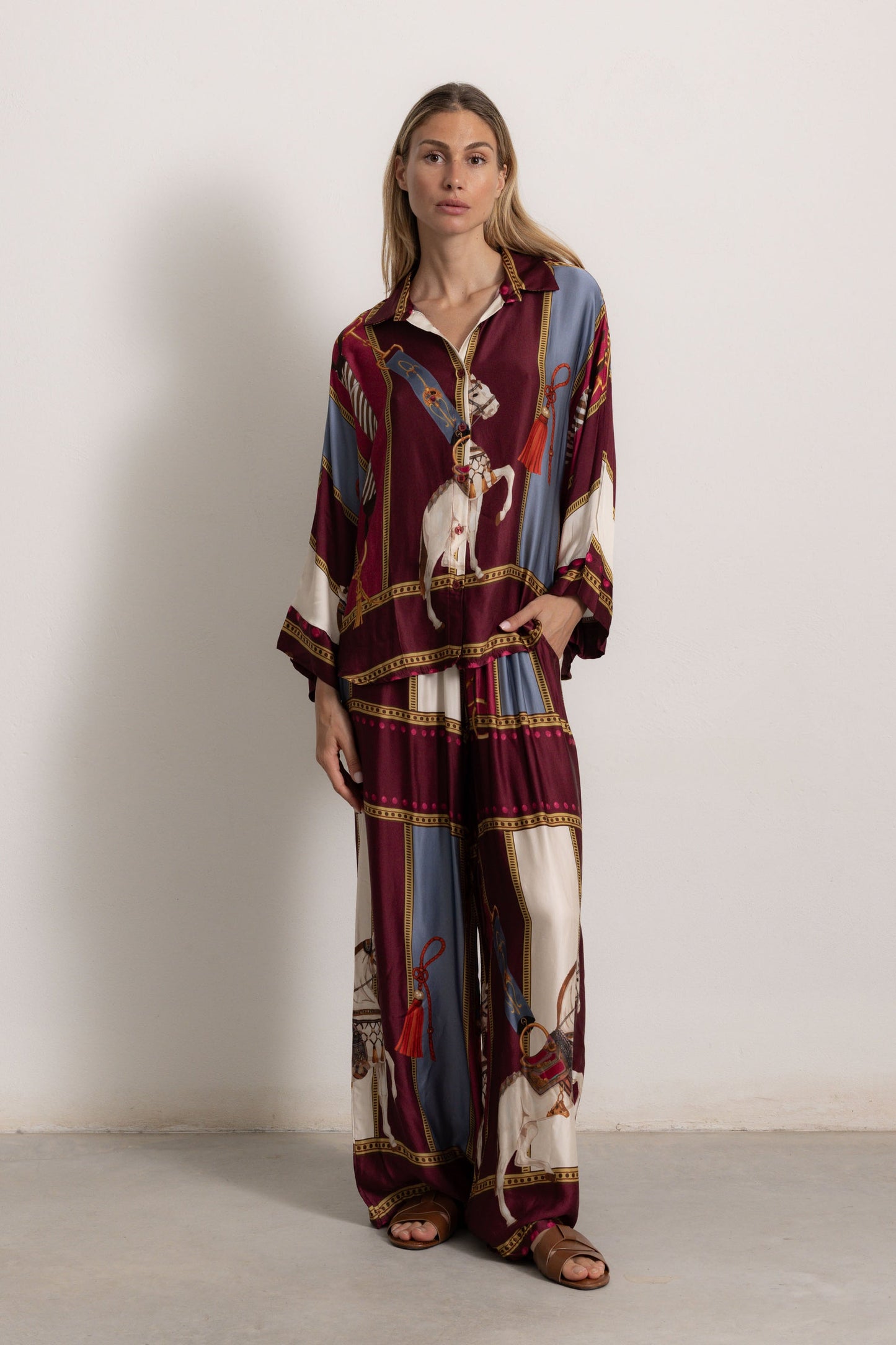 Retro Equestrian Print Shirt & Wide-Leg Pants Two-Piece Set