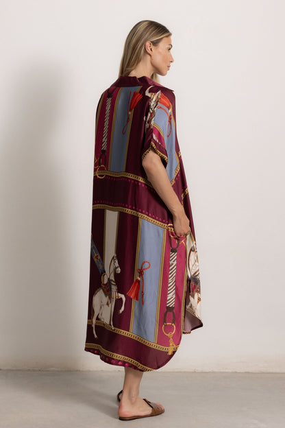 Retro Equestrian Print Shirt Midi Dress