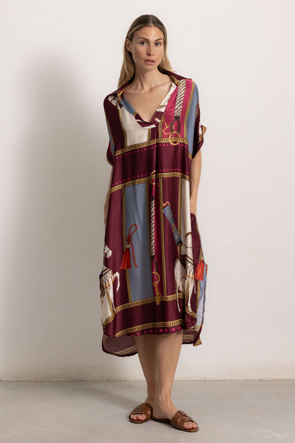 Retro Equestrian Print Shirt Midi Dress