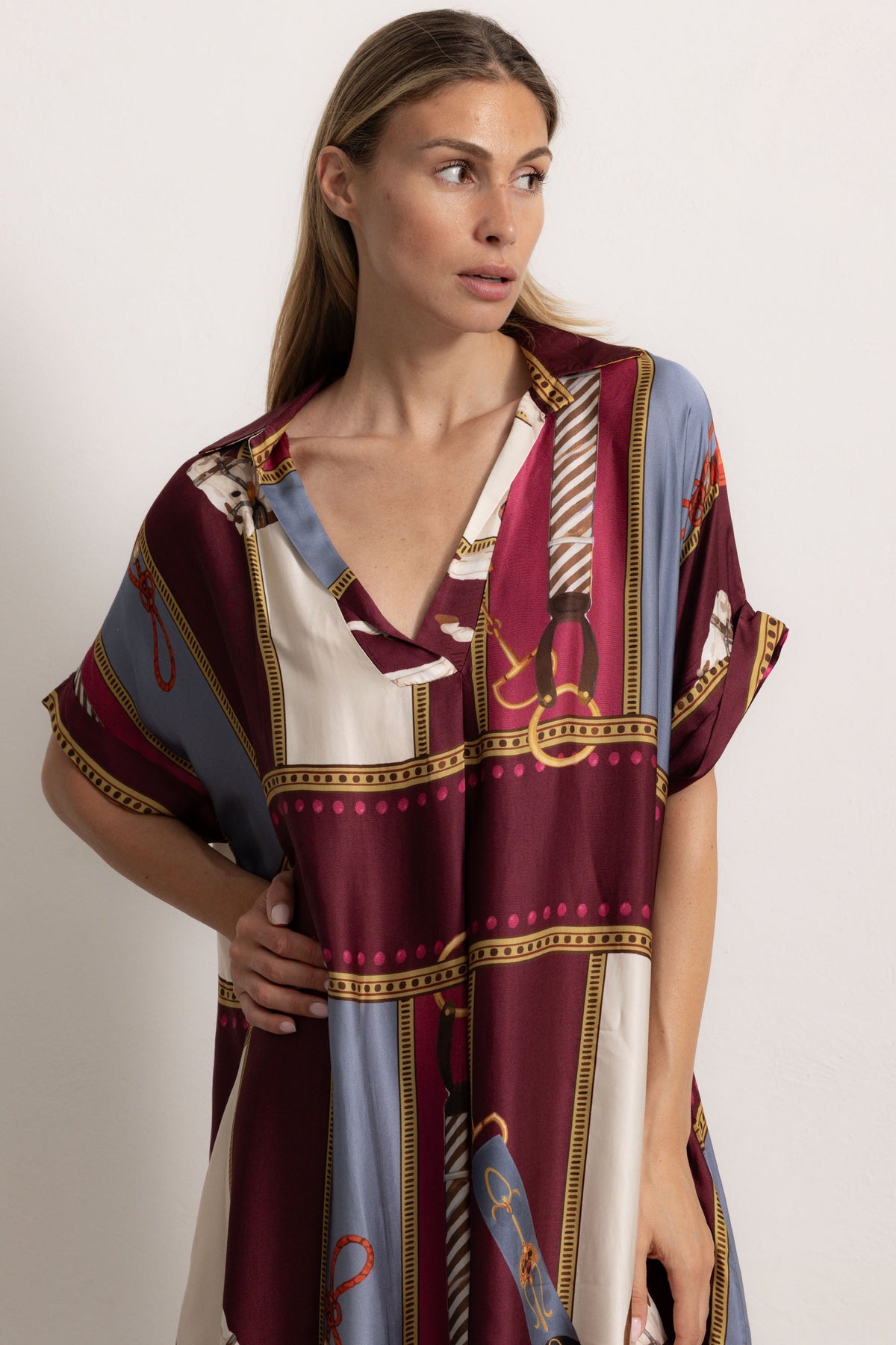Retro Equestrian Print Shirt Midi Dress